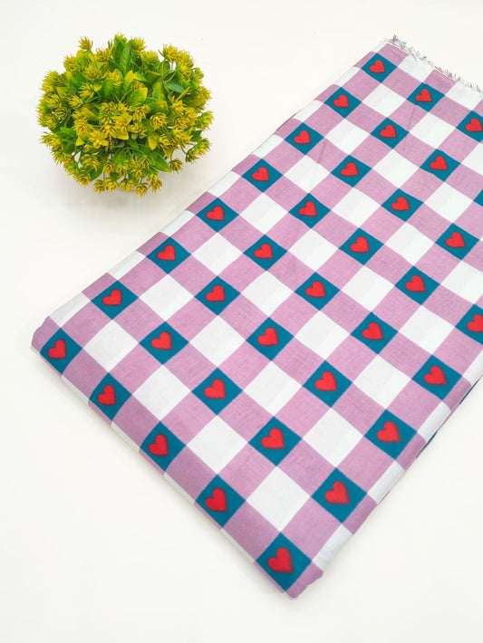 Pink Checkered Heart Print Screen Print Pure Cotton Fabric