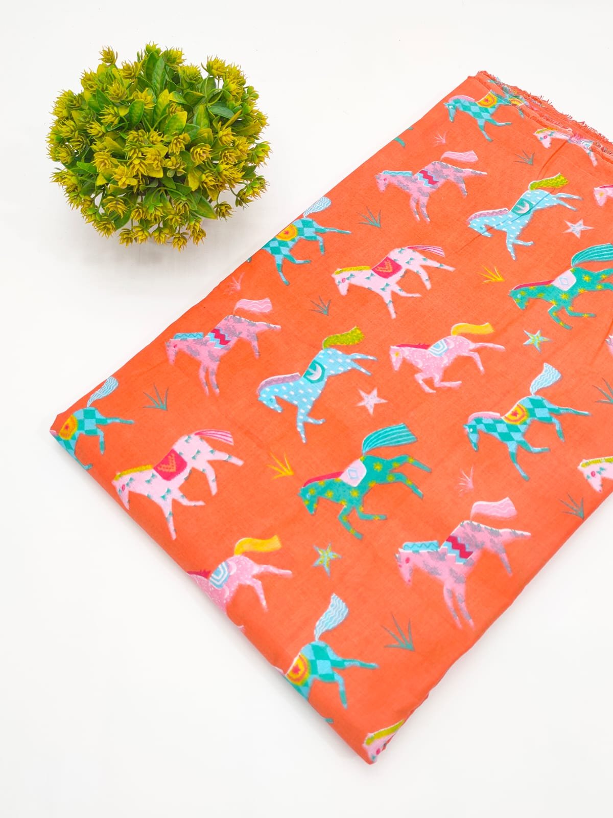 Coral Horse Motif Screen Print Pure Cotton Fabric