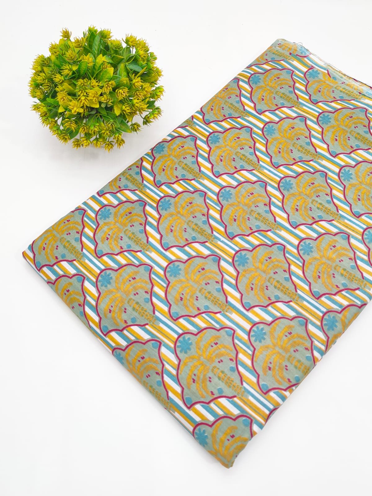 Turquoise Decorative Motif Screen Print Pure Cotton Fabric