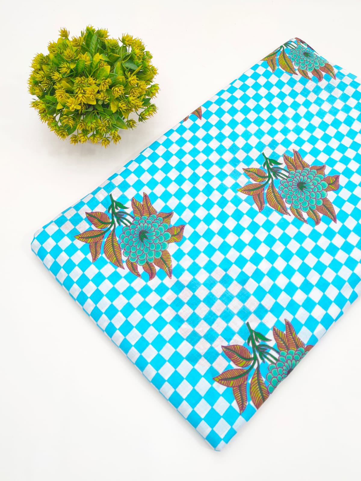 Sky Blue Floral Checkered Screen Print Pure Cotton Fabric