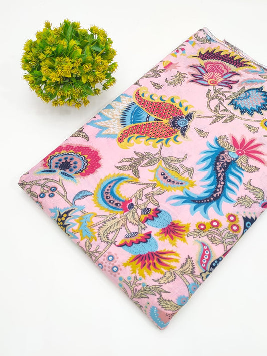 Pink Multi-Colored Floral Screen Print Pure Cotton Fabric