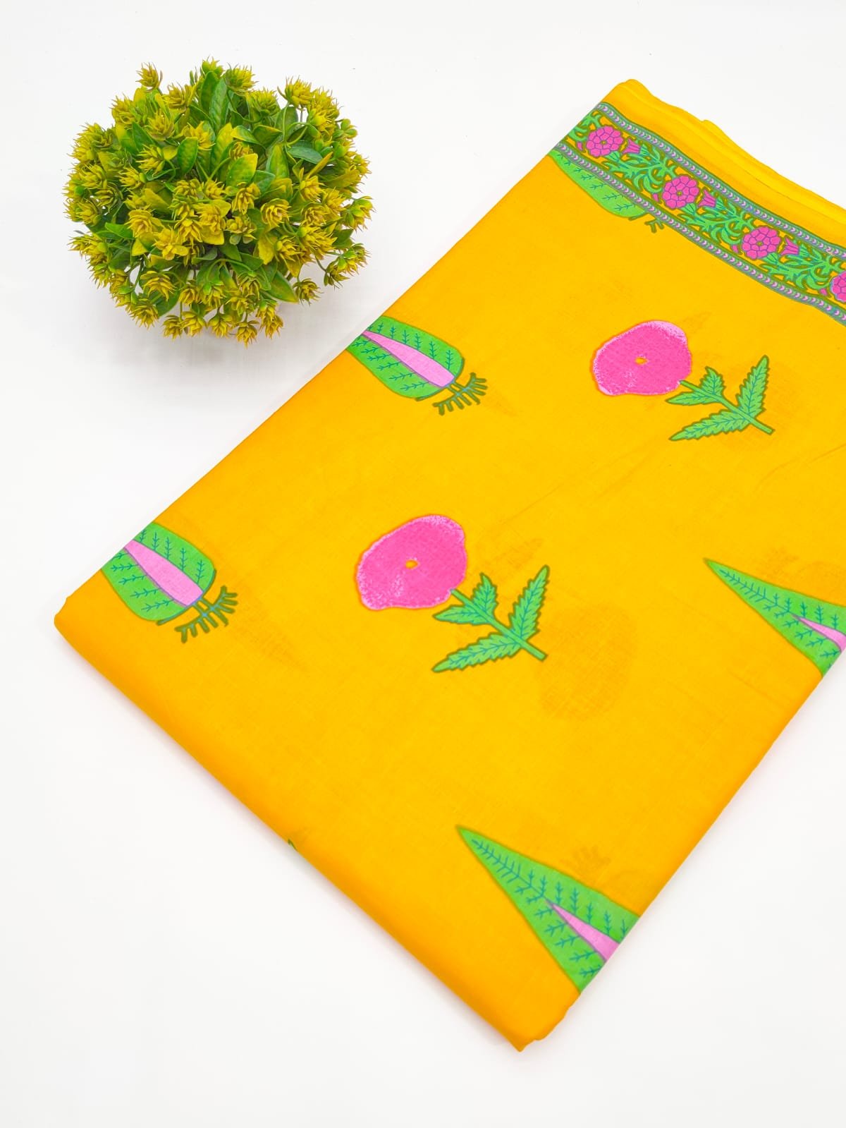 Yellow Floral Screen Print Pure Cotton Fabric
