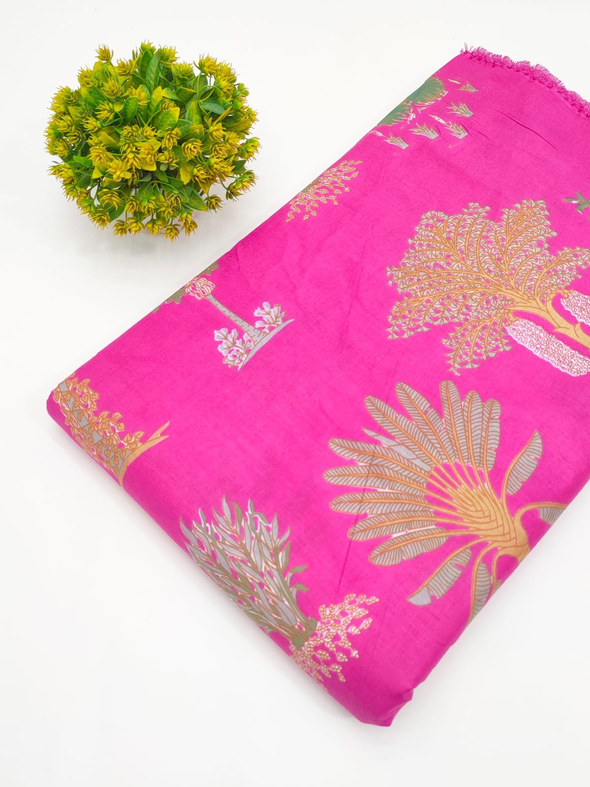 Magenta Botanical Screen Print Pure Cotton Fabric