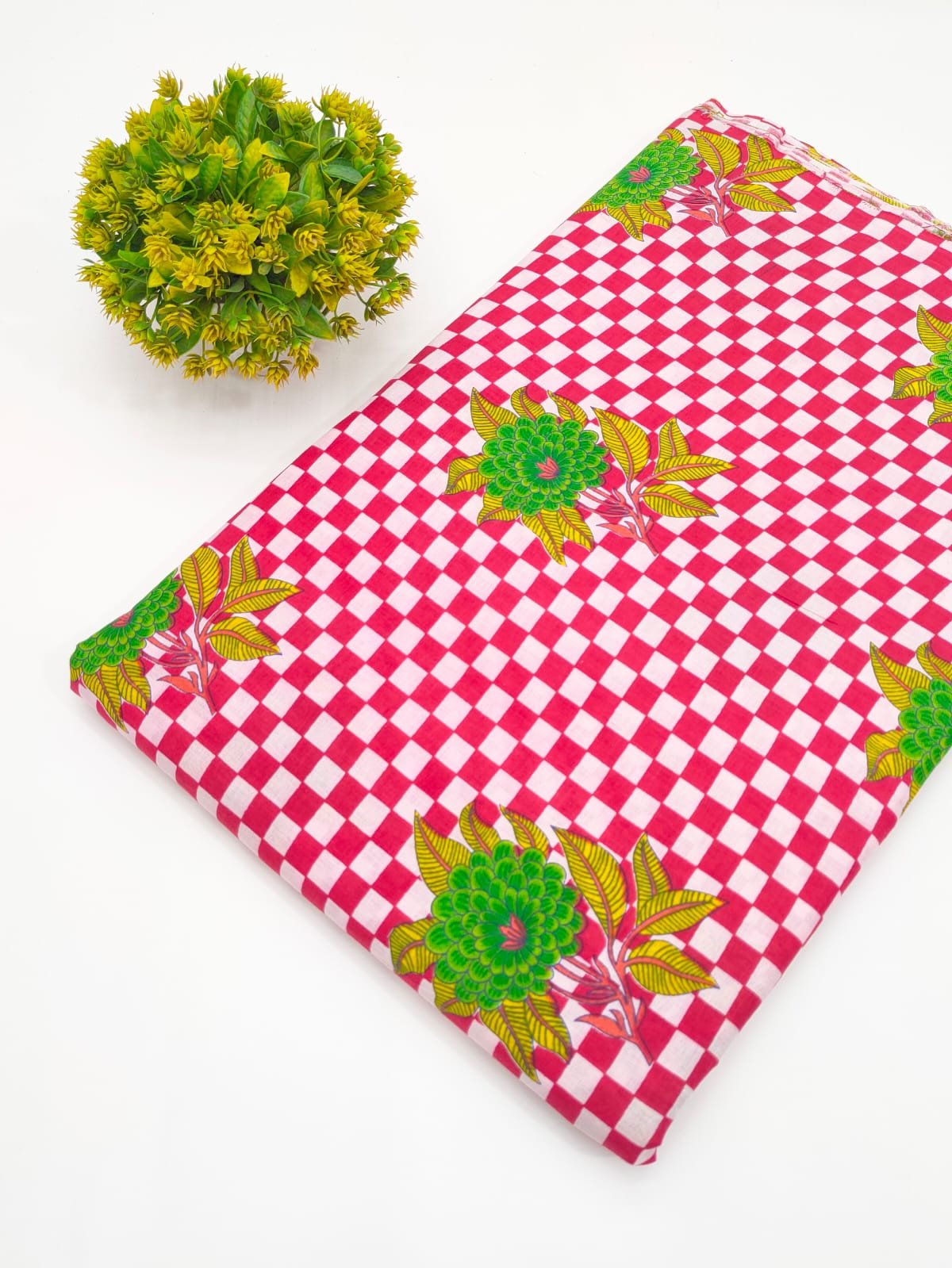 Pink Checkered Floral Screen Print Pure Cotton Fabric