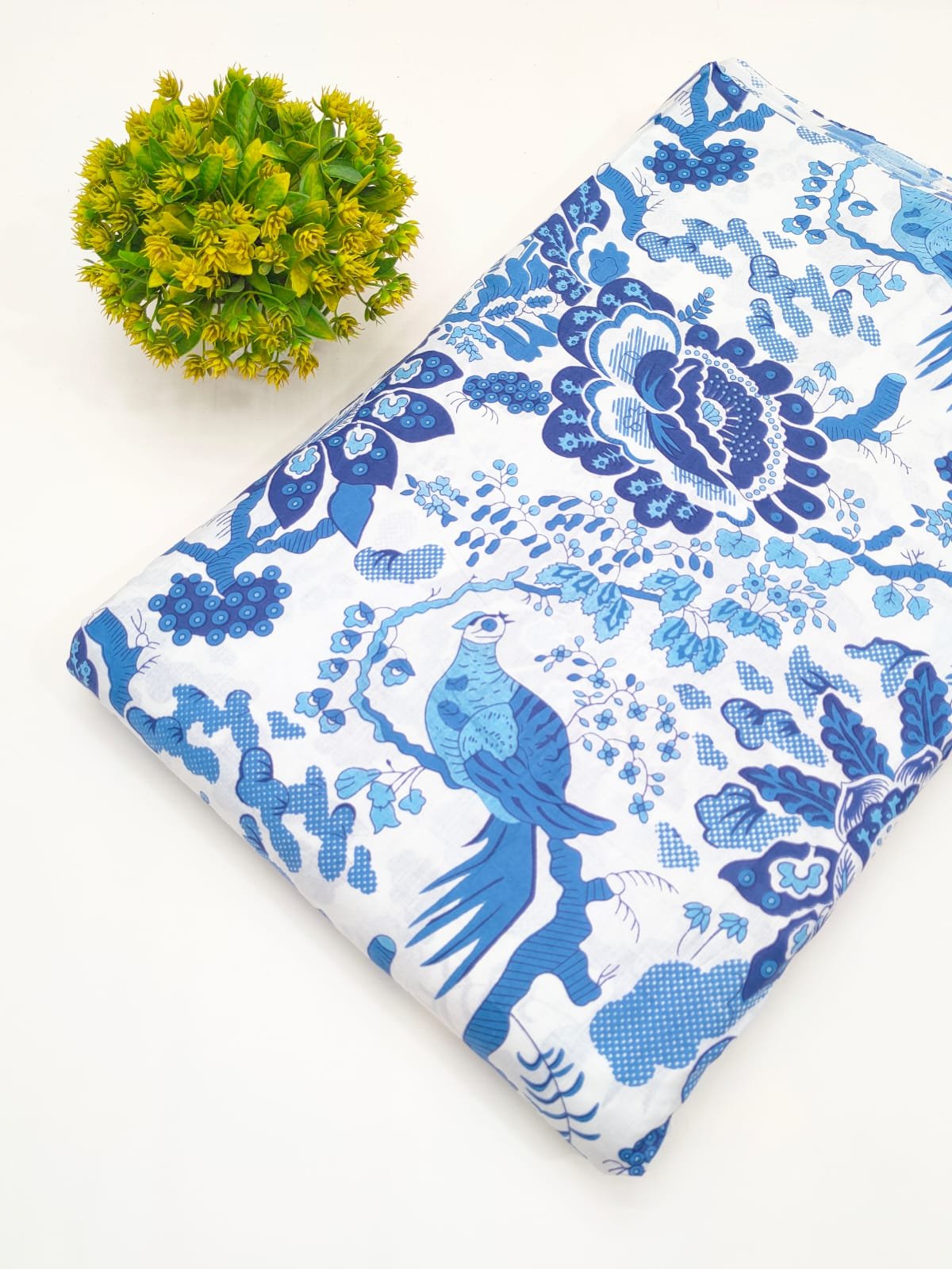 Blue Bird Motif Screen Print Pure Cotton Fabric