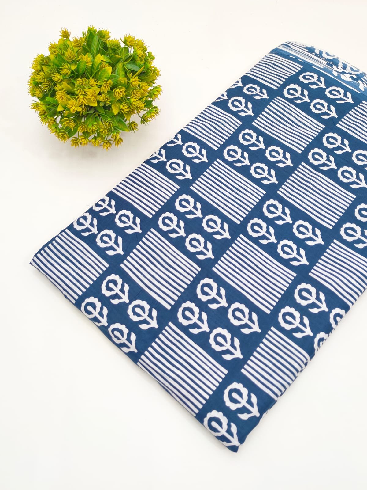 Navy Geometric Floral Screen Print Pure Cotton Fabric