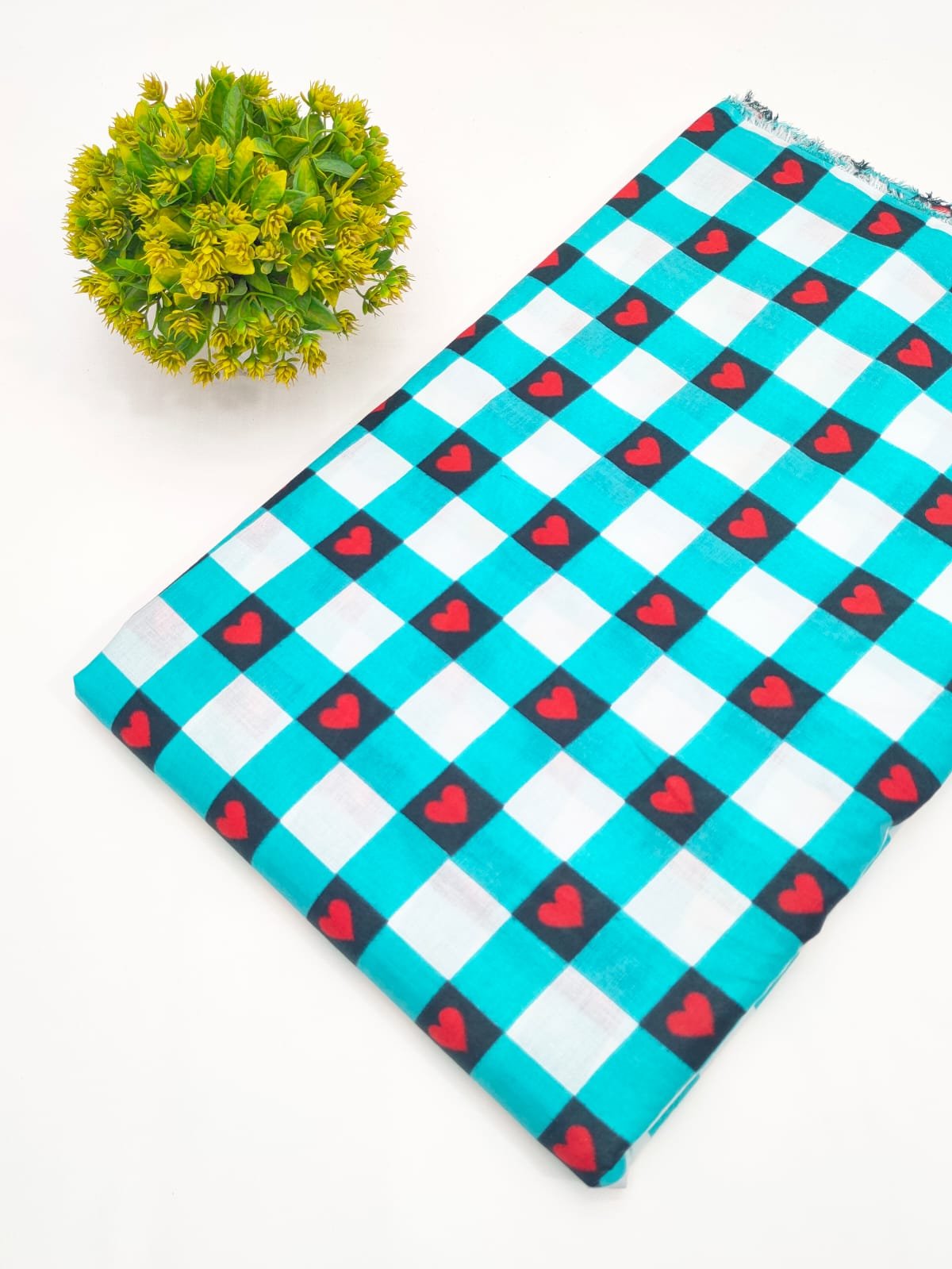 Turquoise Heart Check Screen Print Pure Cotton Fabric