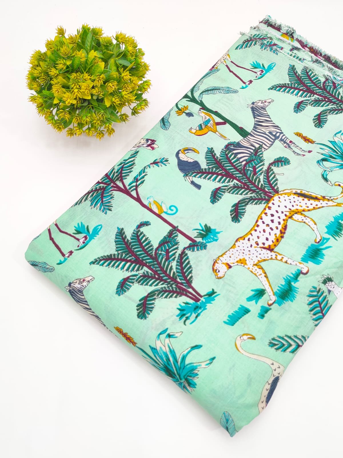 Mint Jungle Animal Screen Print Pure Cotton Fabric