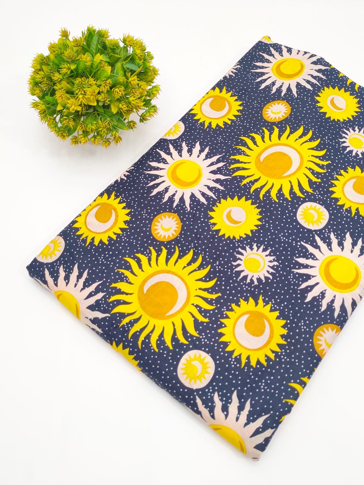 Navy Sunburst Screen Print Pure Cotton Fabric