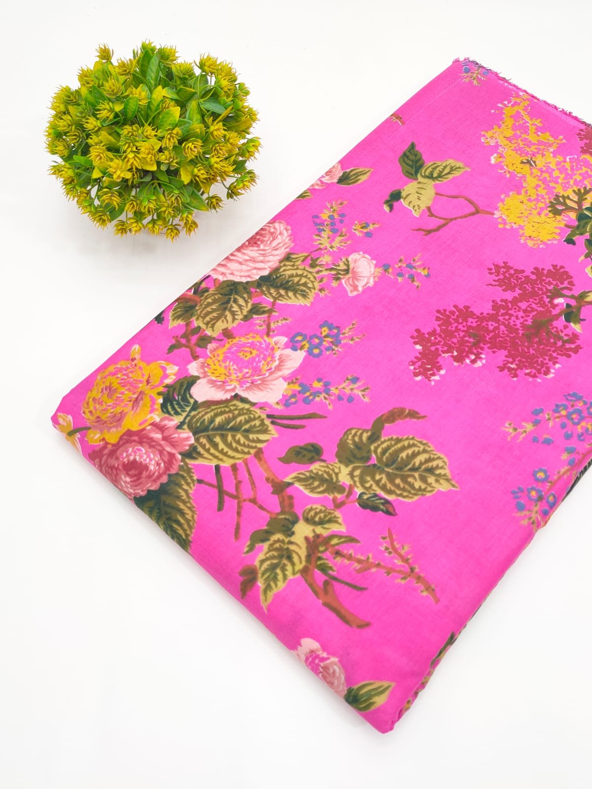 Pink Floral Screen Print Pure Cotton Fabric