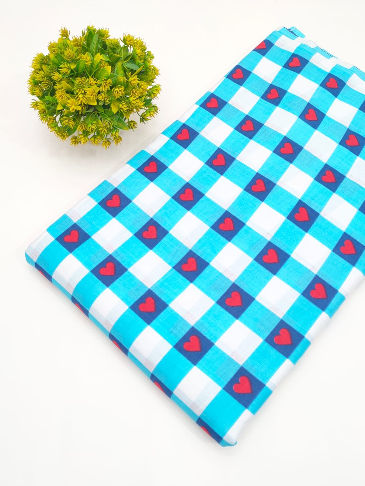 Turquoise Checkered Heart Print Screen Print Pure Cotton Fabric