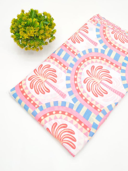 Pink Geometric Screen Print Pure Cotton Fabric