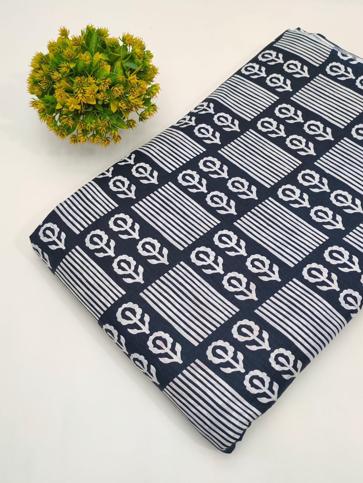 Navy Striped Screen Print Pure Cotton Fabric