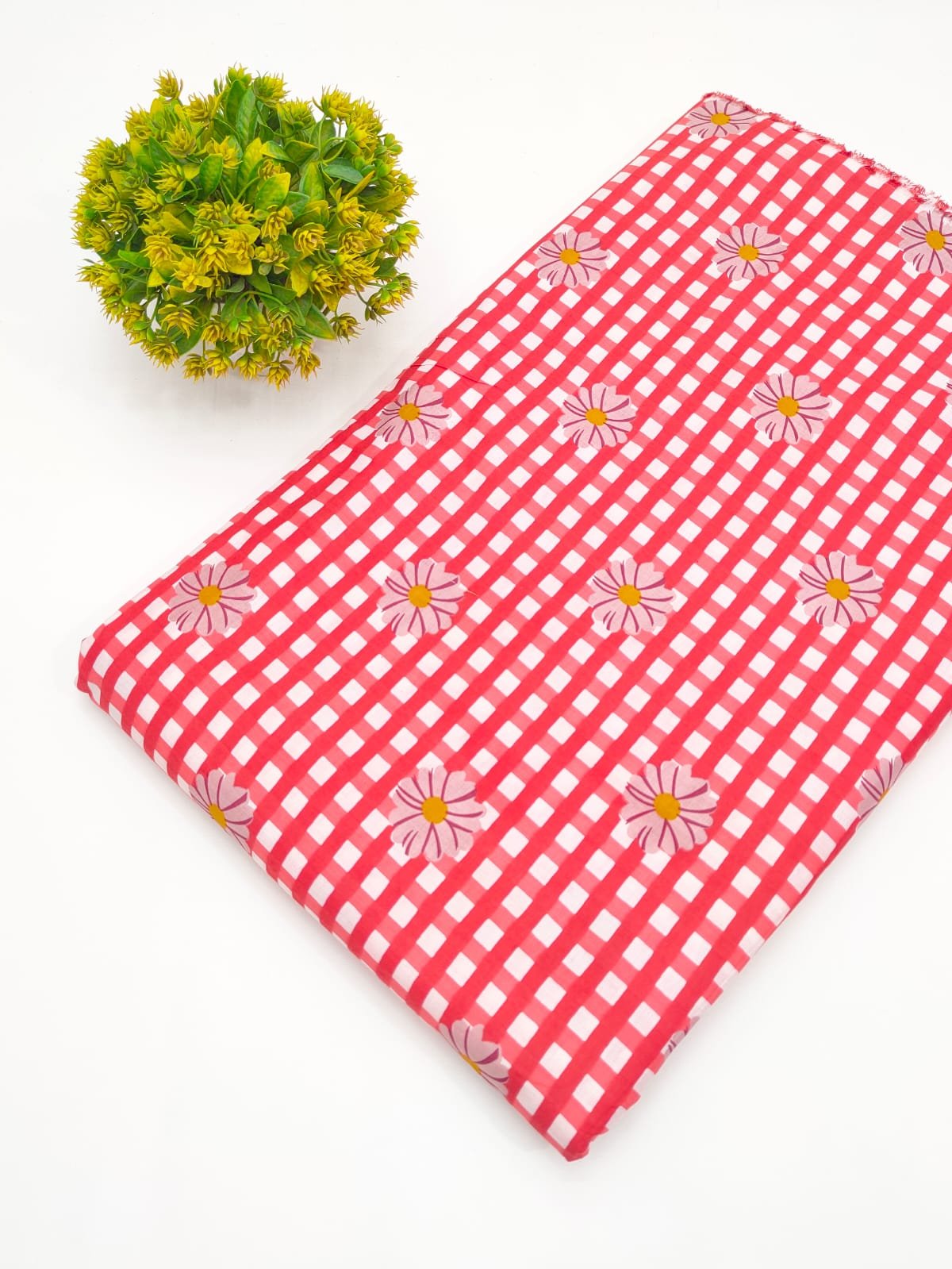 Red Gingham Floral Screen Print Pure Cotton Fabric