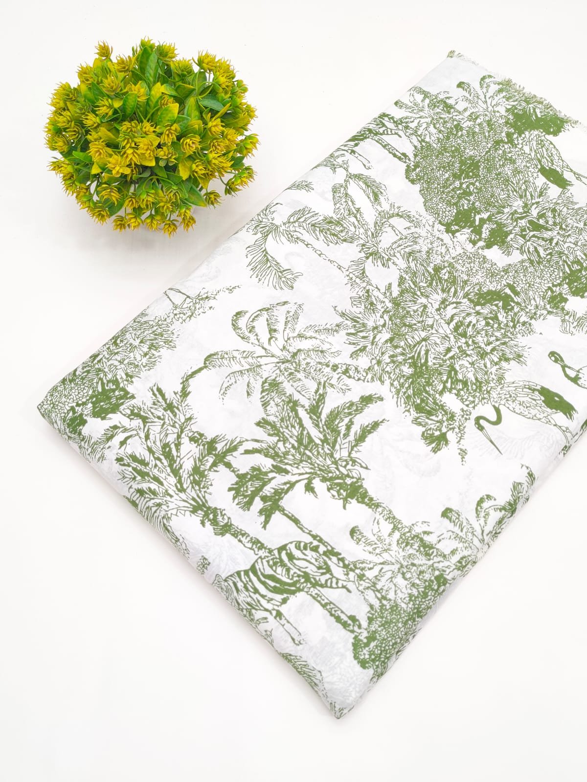 Green Tropical Landscape Screen Print Pure Cotton Fabric