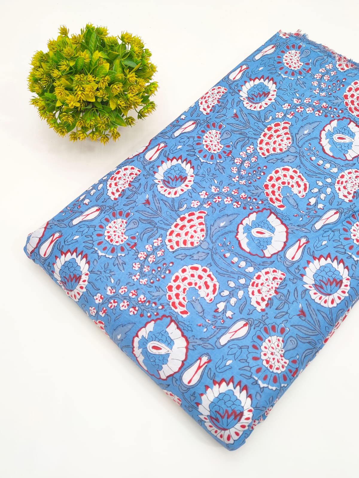Sky Blue Floral Screen Print Pure Cotton Fabric