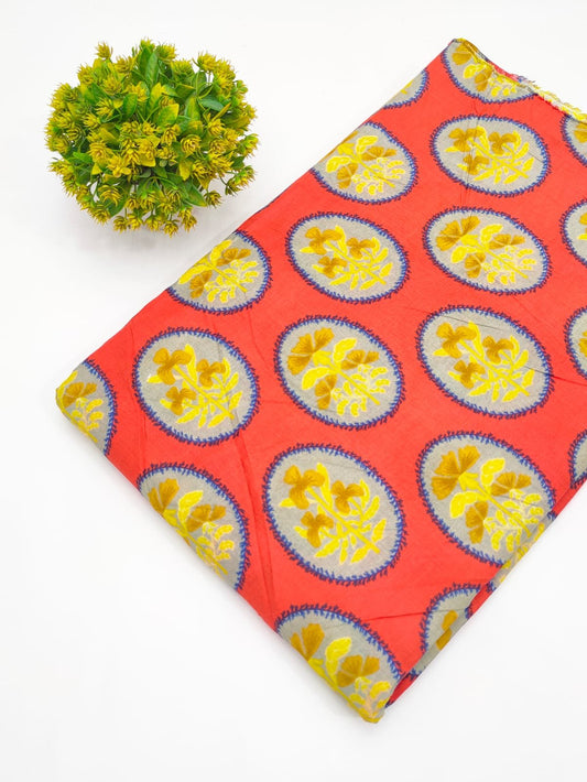 Coral Floral Motif Screen Print Pure Cotton Fabric