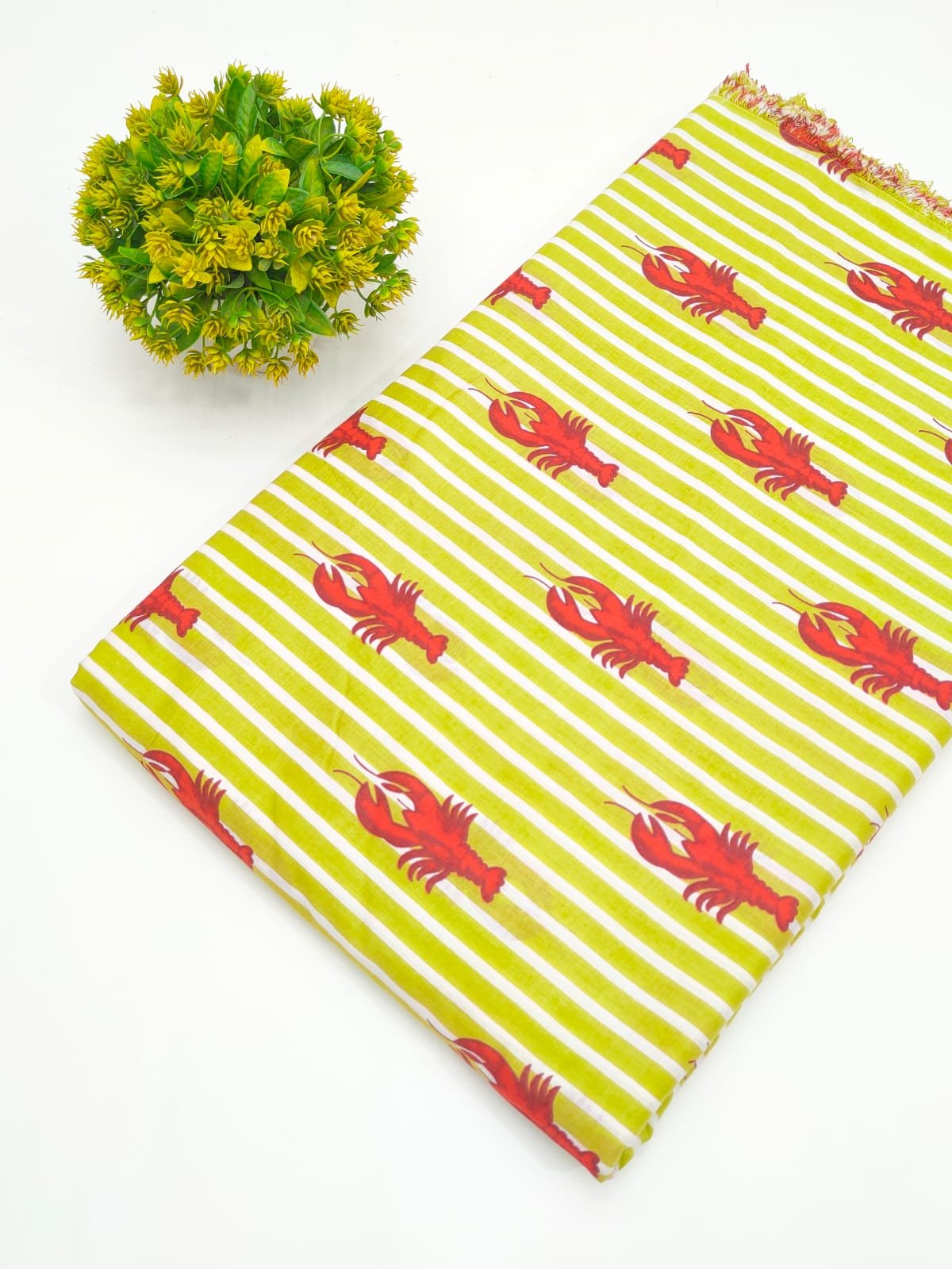 Lime Green Lobster Stripe Screen Print Pure Cotton Fabric