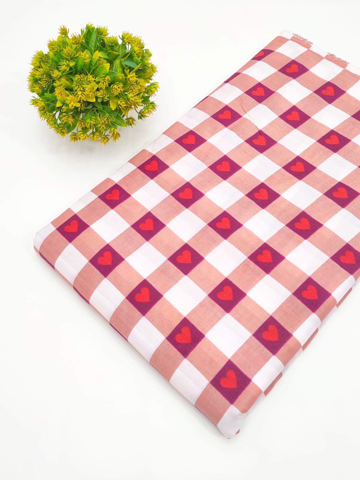 Pink Checkered Heart Print Screen Printed Pure Cotton Fabric