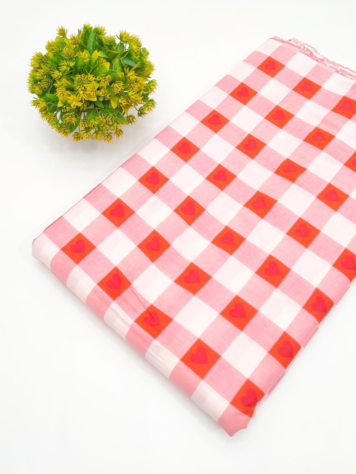 Light Pink Checkered Heart Print Screen Printed Pure Cotton Fabric