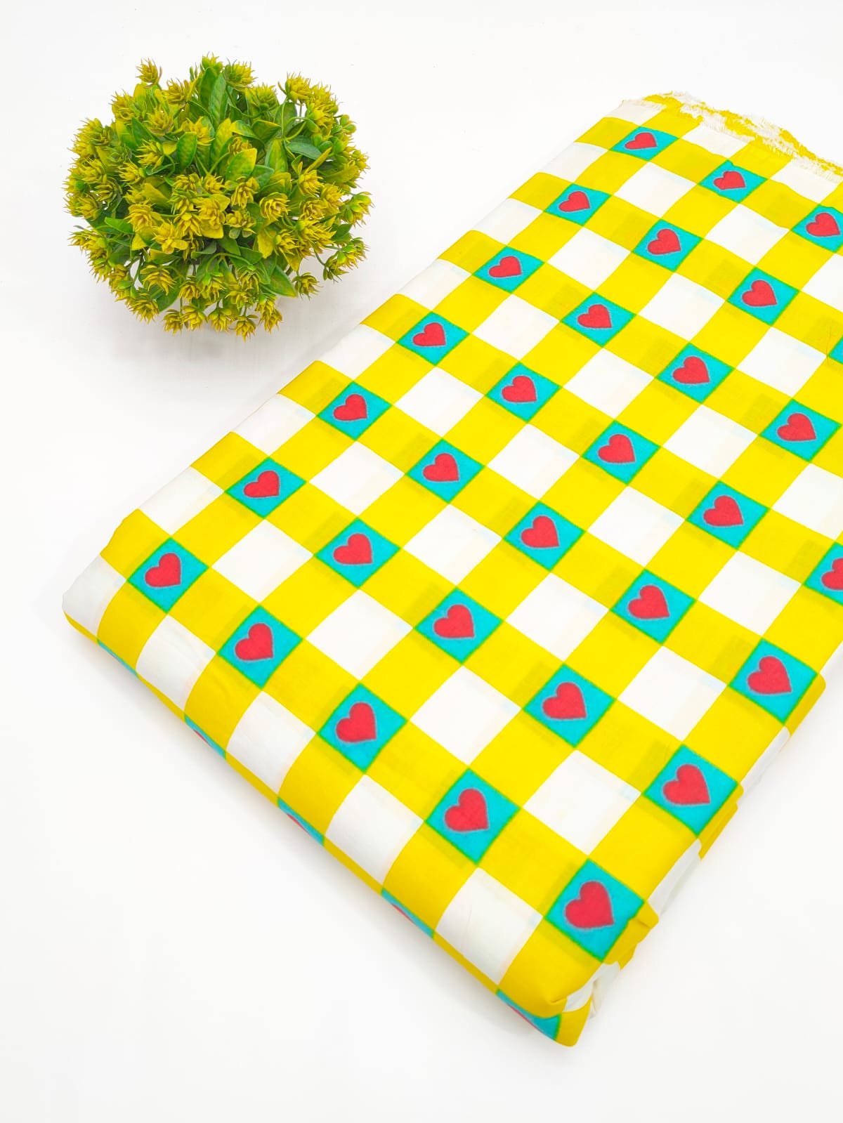 Bright Yellow Checkered Heart Print Screen Printed Pure Cotton Fabric