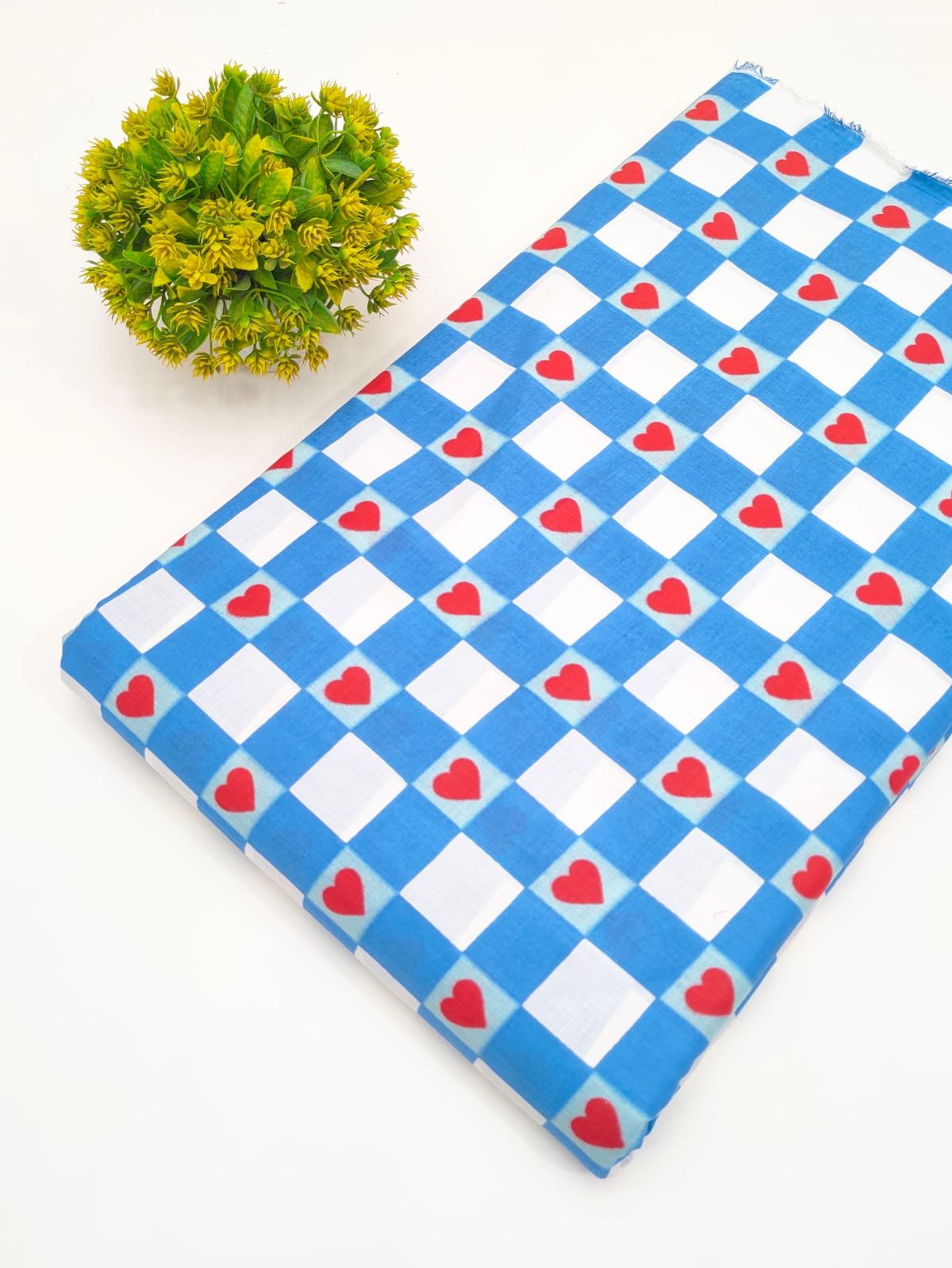 Royal Blue Checkered Heart Print Screen Printed Pure Cotton Fabric