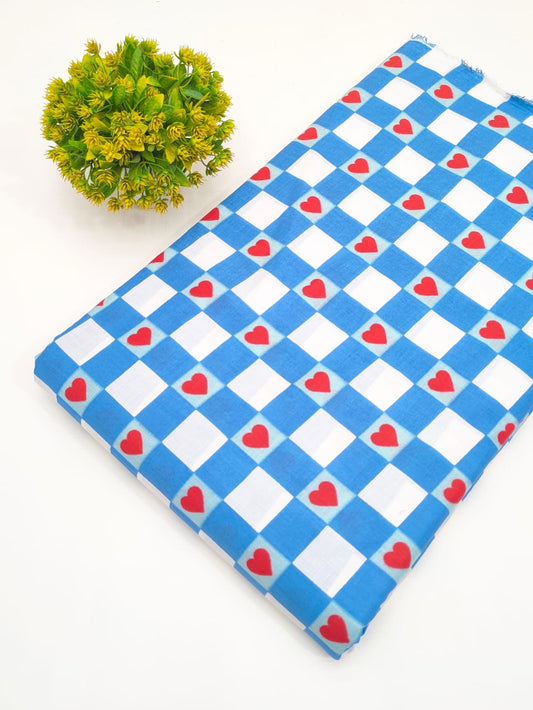 Royal Blue Checkered Heart Print Screen Printed Pure Cotton Fabric