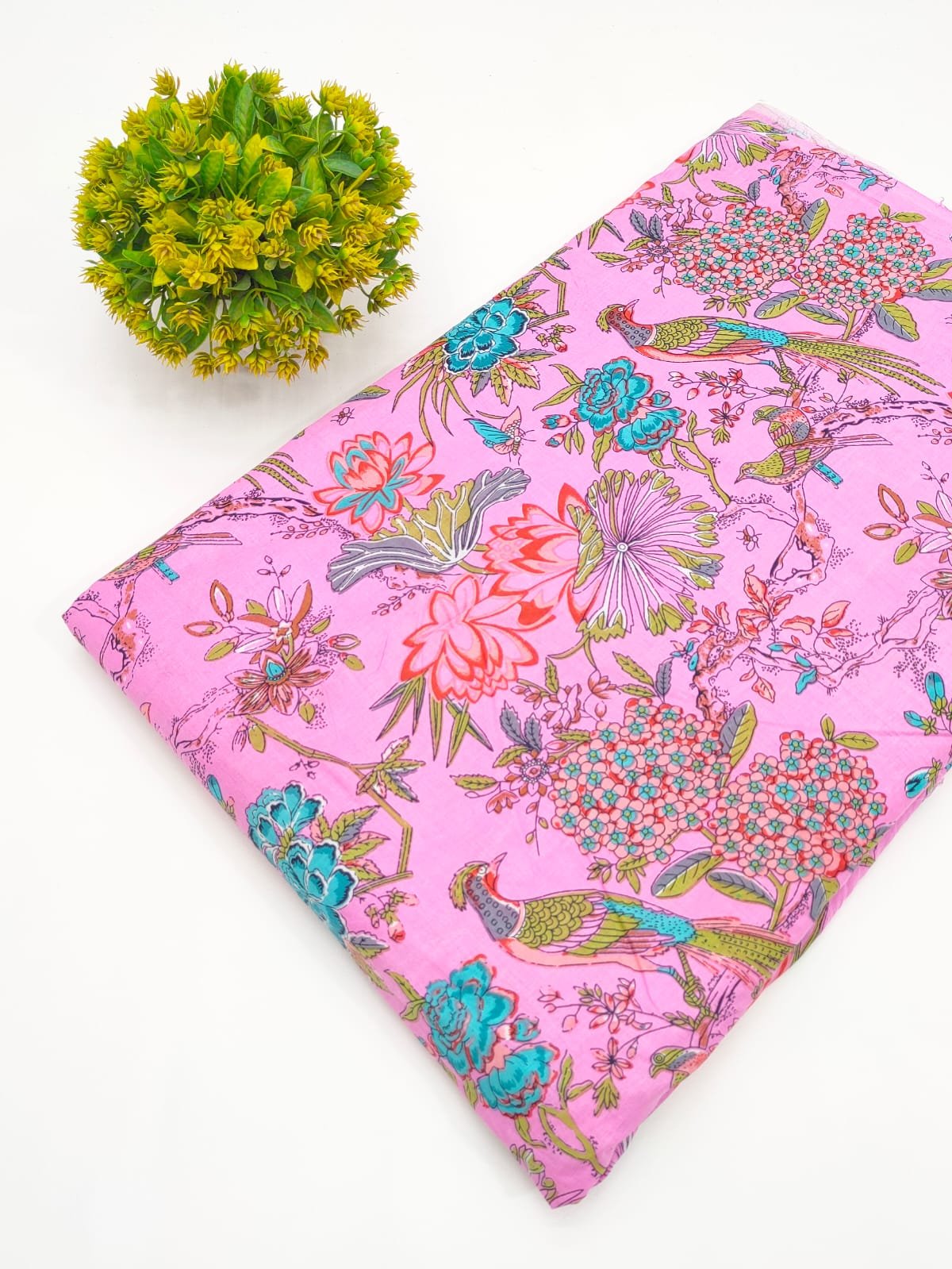 Pink Floral Screen Print Pure Cotton Fabric
