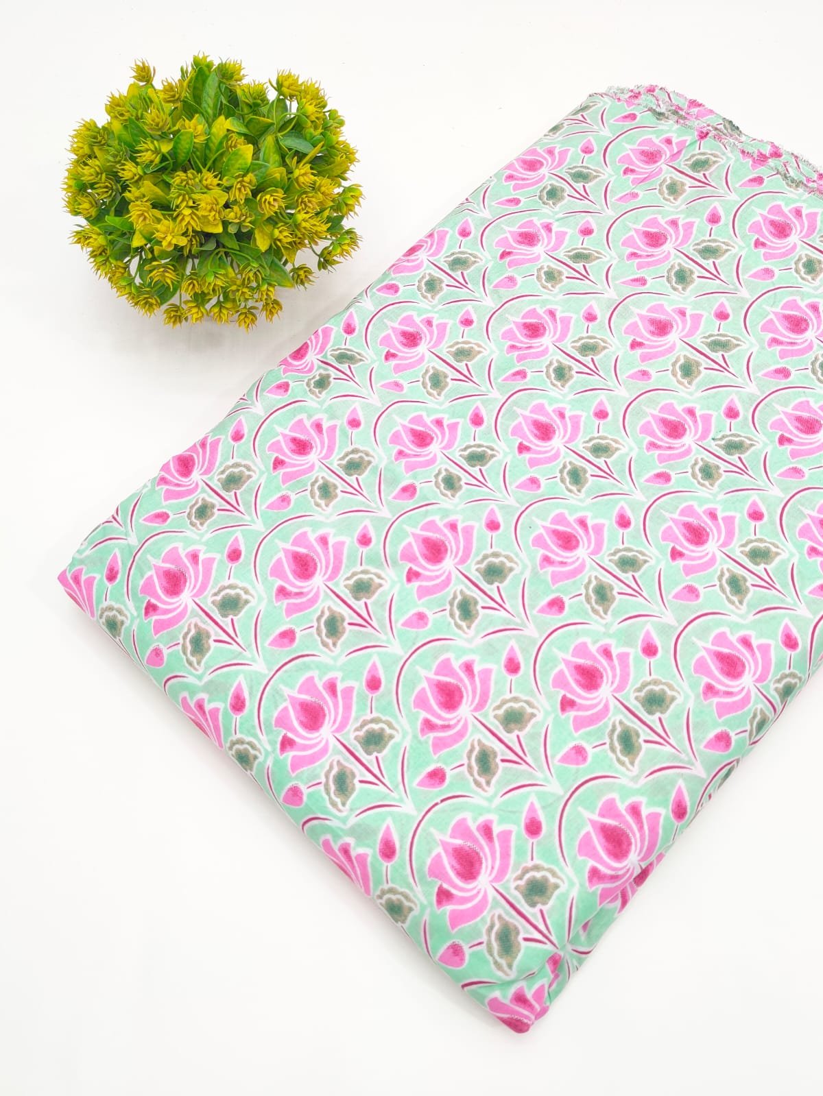 Mint Green Floral Screen Print Pure Cotton Fabric