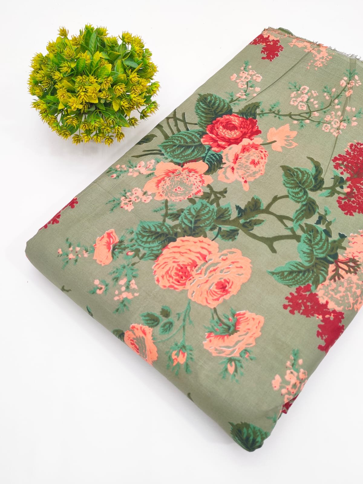 Olive Green Floral Screen Print Pure Cotton Fabric