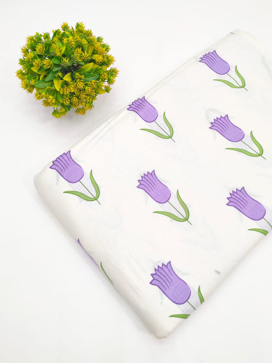 Lavender tulip floral motif screen print cotton fabric India