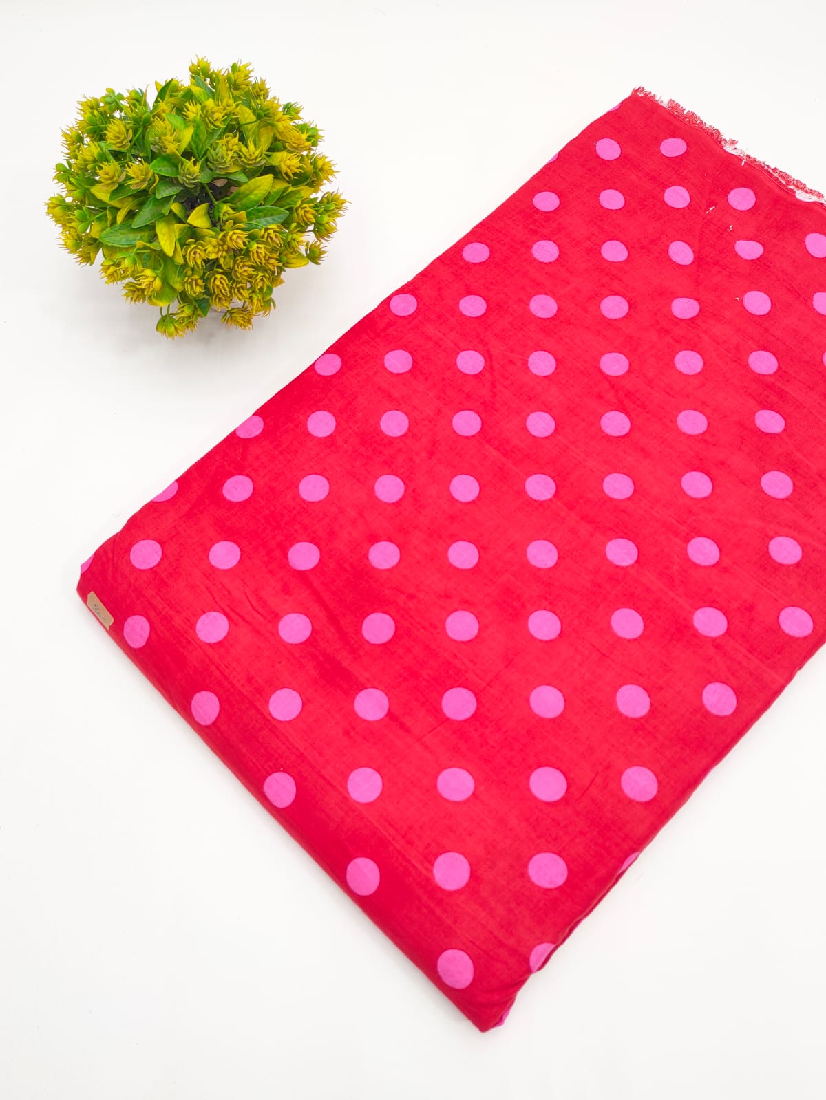 Red and pink polka dot screen print pure cotton fabric India