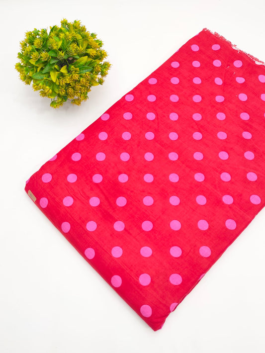 Red and pink polka dot screen print pure cotton fabric India