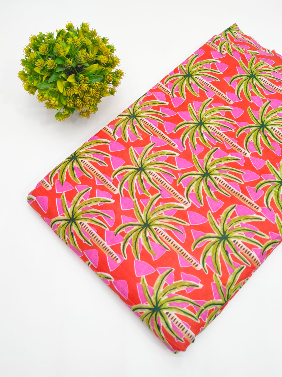Red and pink tropical palm tree screen print pure cotton fabric India