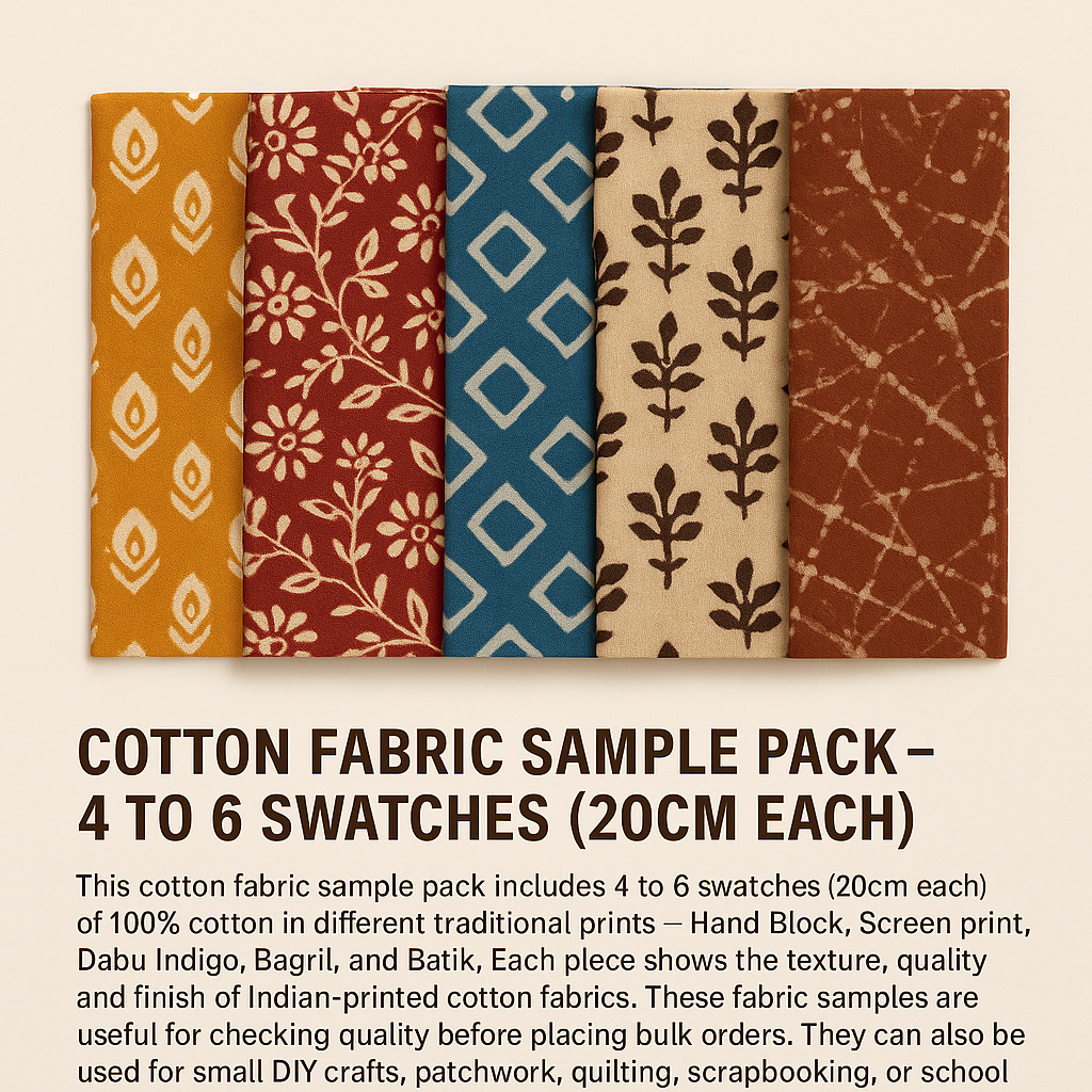 Sample of 5-9 Cotton Fabrics ( 20x20 cm each ) includes - Hand Block, Screen Print, Dabu Indigo, Bagru and Batik