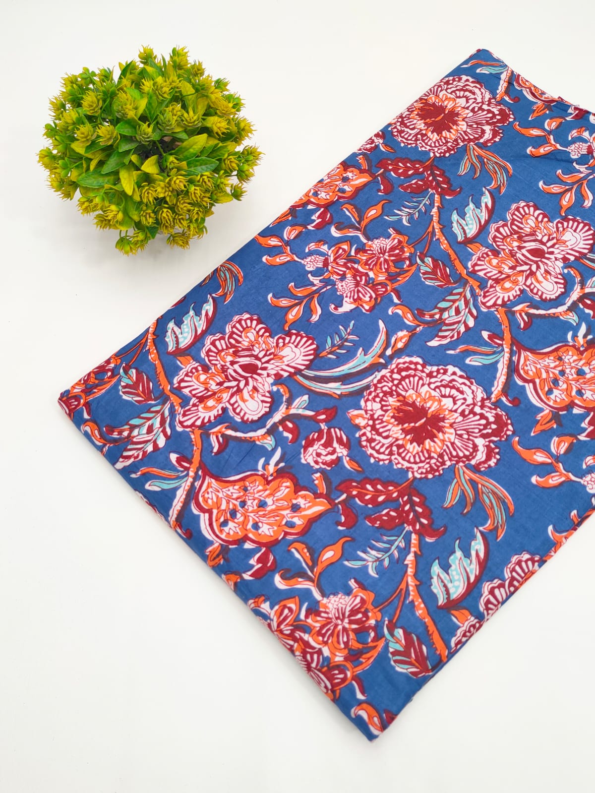 Royal blue floral chintz screen print pure cotton fabric India