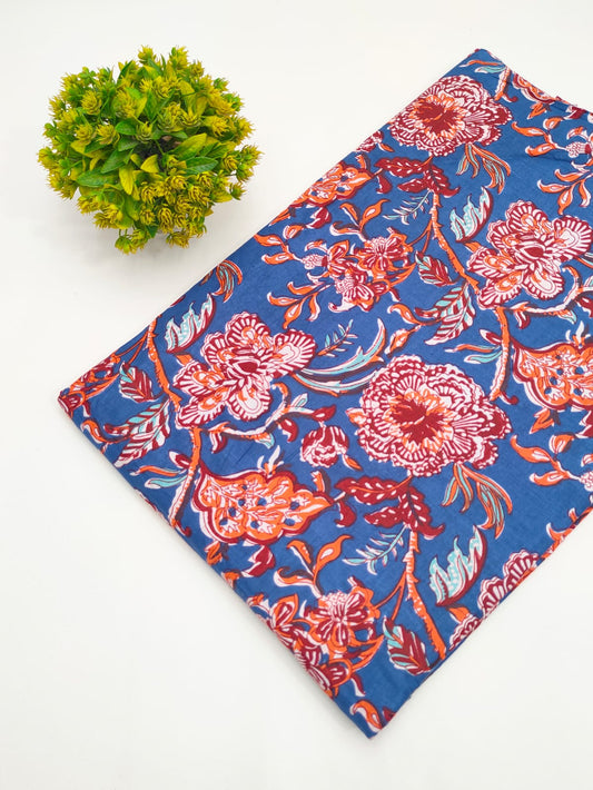 Royal blue floral chintz screen print pure cotton fabric India