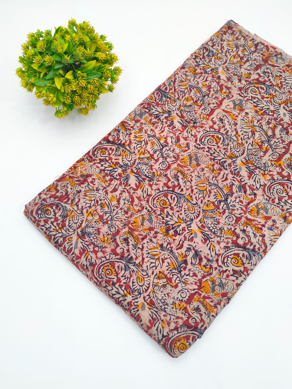 Rust red and beige Matsya fish paisley jaal Sanganeri hand block print pure cotton fabric India