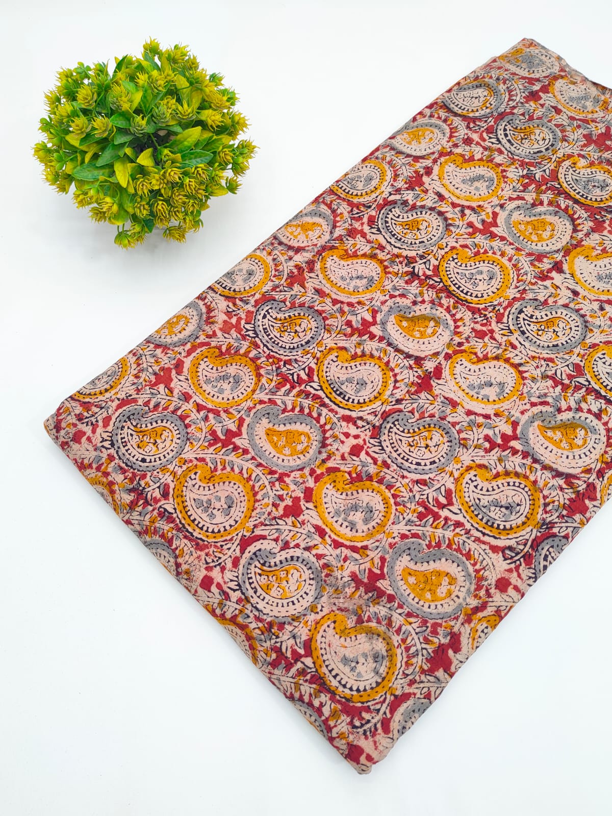 Rust red and mustard kalka paisley Sanganeri hand block print pure cotton fabric India