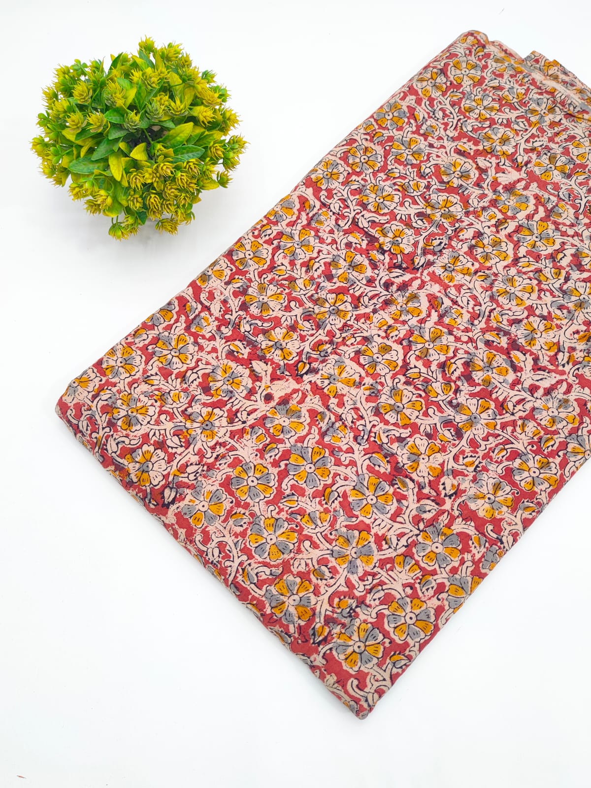 Rust red and yellow floral jaal Sanganeri hand block print pure cotton fabric India