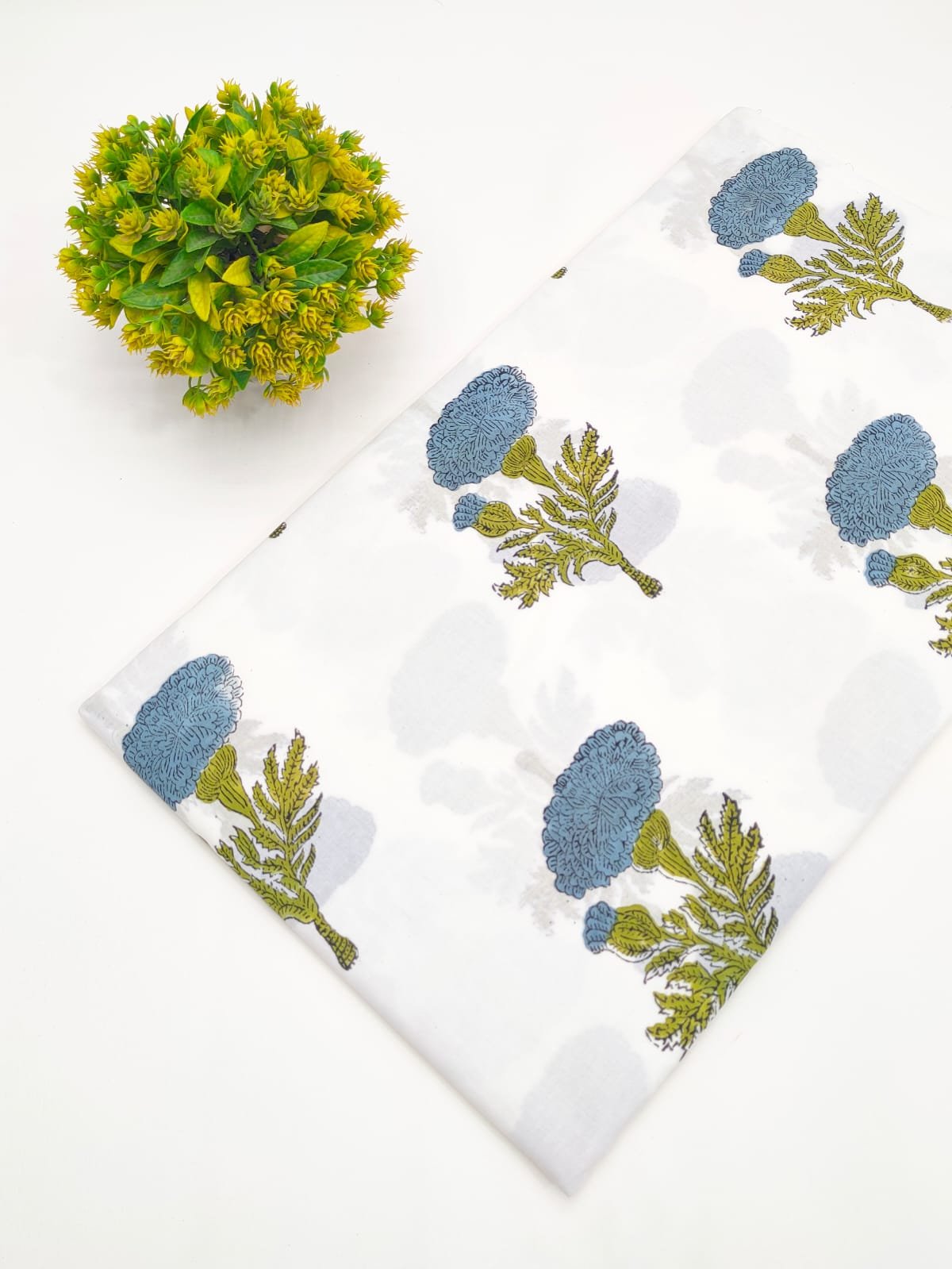 White Botanical Sanganeri Block Print Pure Cotton Fabric