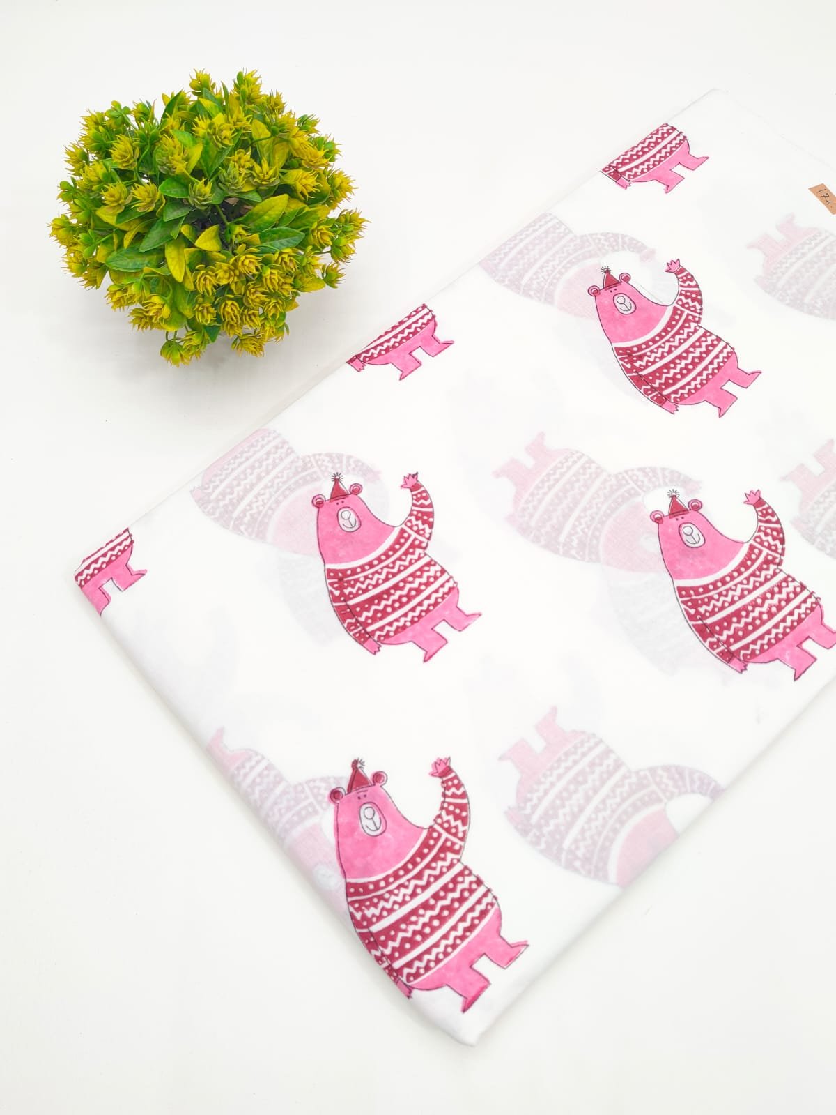 White Cartoon Bear Print Sanganeri Block Print Pure Cotton Fabric