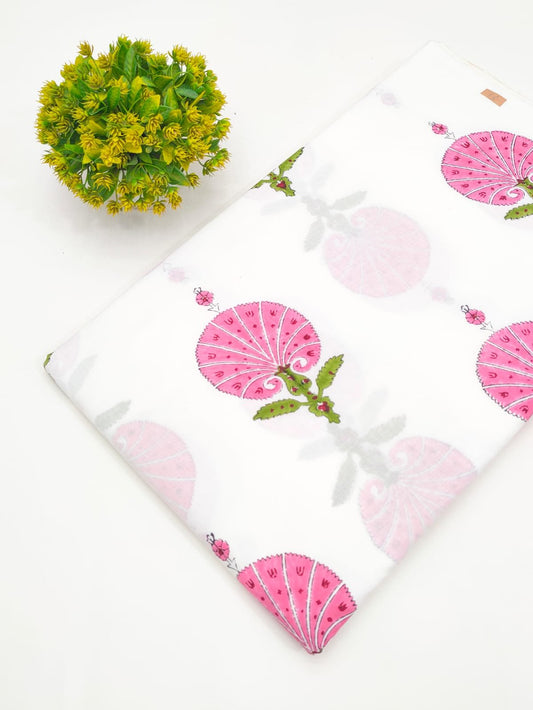 White Pink Floral Sanganeri Hand Block Print Pure Cotton Fabric