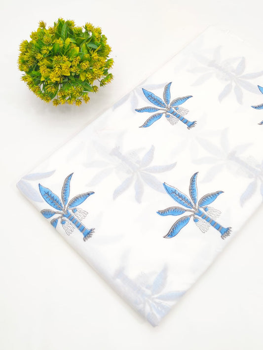 White Blue Leaf Sanganeri Hand Block Print Pure Cotton Fabric