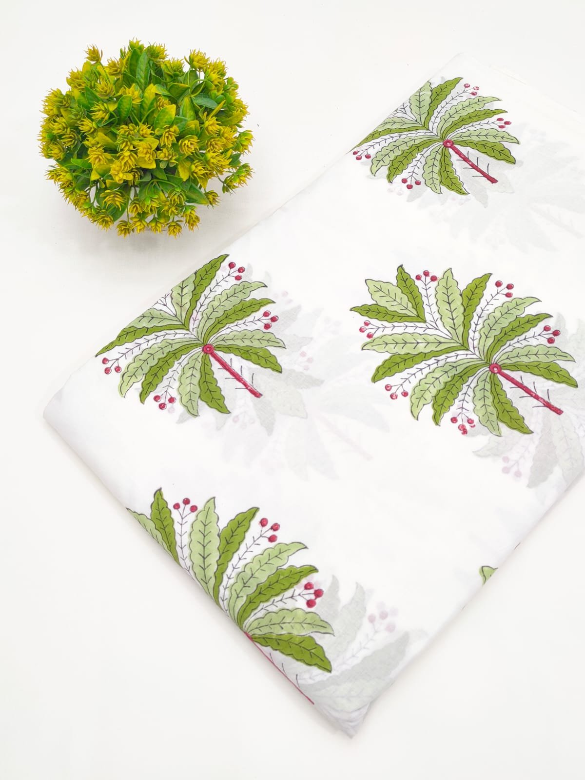 White Green Leaf Sanganeri Hand Block Print Pure Cotton Fabric