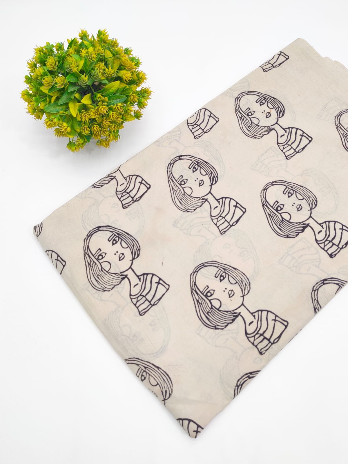 Beige Abstract Face Hand Block Printed Pure Cotton Fabric