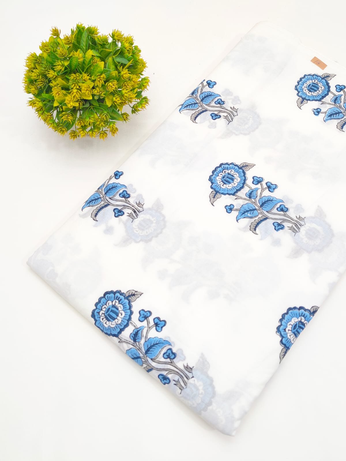 White Blue Floral Sanganeri Hand Block Print Pure Cotton Fabric