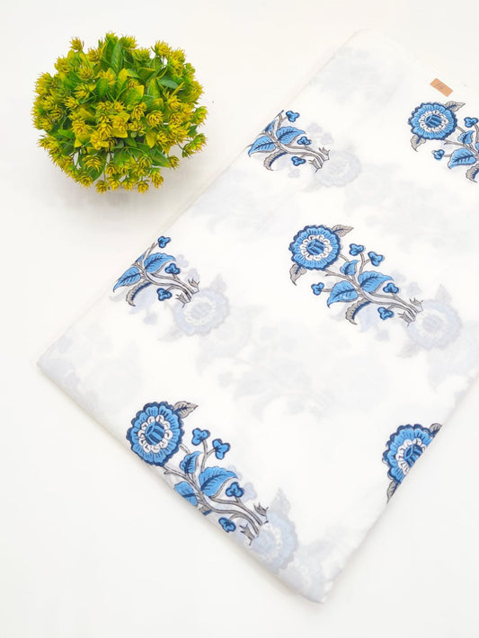 White Blue Floral Sanganeri Hand Block Print Pure Cotton Fabric