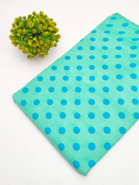 Sea green and blue polka dot screen print pure cotton fabric India