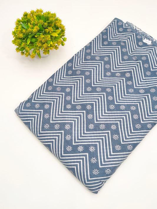 Slate Blue Chevron Screen Print Pure Cotton Fabric - JBRGFD135